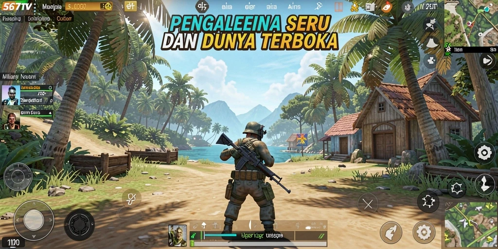 Screenshot utama 567TV menampilkan aksi eksplorasi di dunia terbuka.