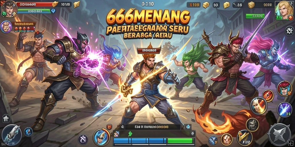 Screenshot pertarungan epic dalam 666MENANG menunjukkan aksi seru dan karakter menarik.