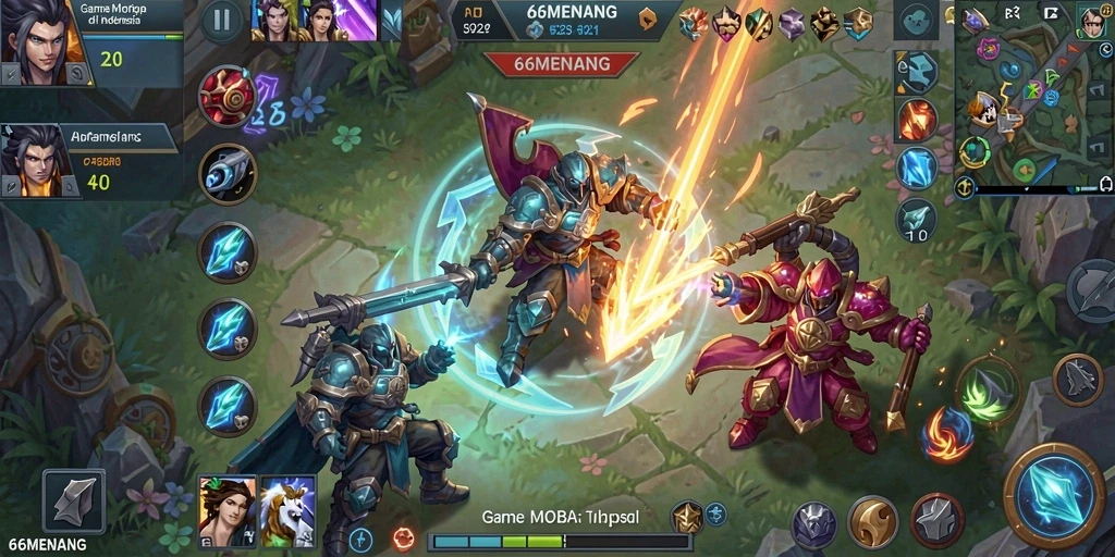 Screenshot gameplay 66MENANG yang menampilkan aksi seru dalam pertempuran MOBA.