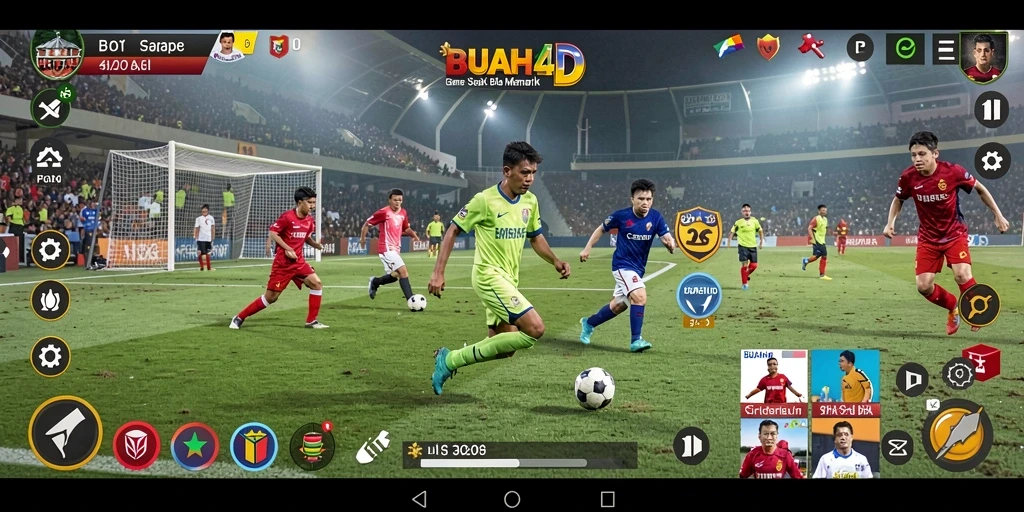 Tampilan gameplay seru dalam BUAH4D menunjukkan aksi sepak bola yang mendebarkan.