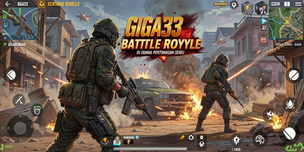 Tampilan utama gameplay GIGA33 yang menampilkan aksi perang Battle Royale.
