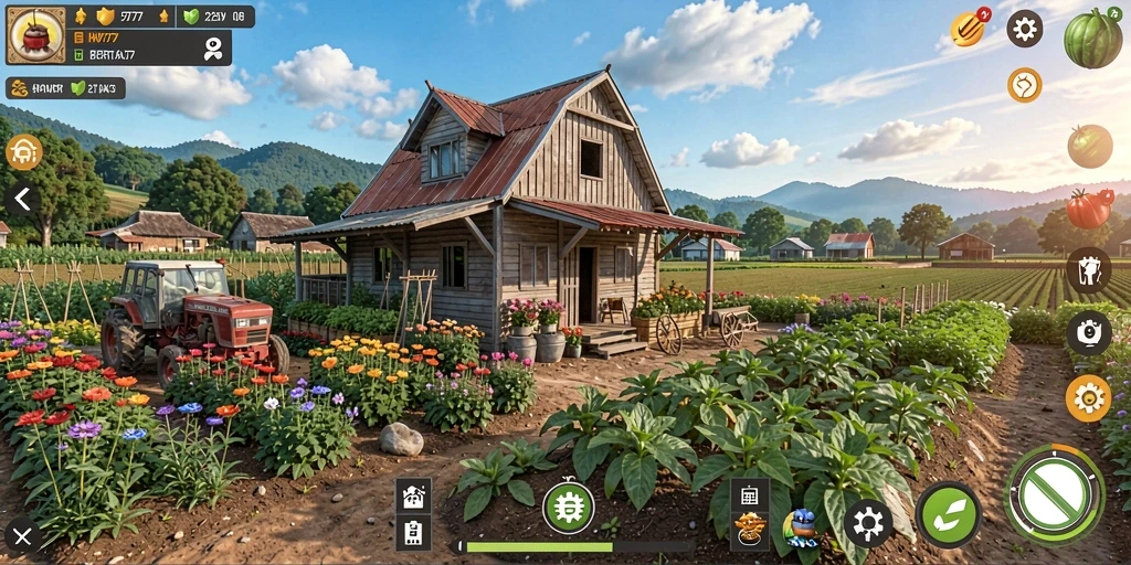 Tampilan gameplay HW777 dengan kebun yang rimbun dan hewan ternak yang aktif.