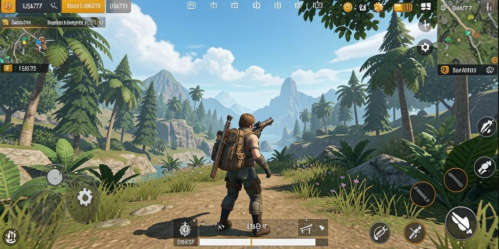 Screenshot utama LUSA777 menampilkan pemain yang menjelajahi dunia terbuka yang indah.