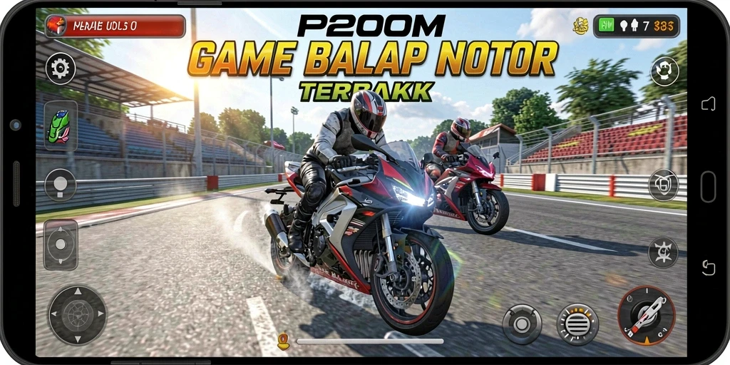 Screenshot P200M menampilkan balapan motor yang mendebarkan di trek yang berliku.