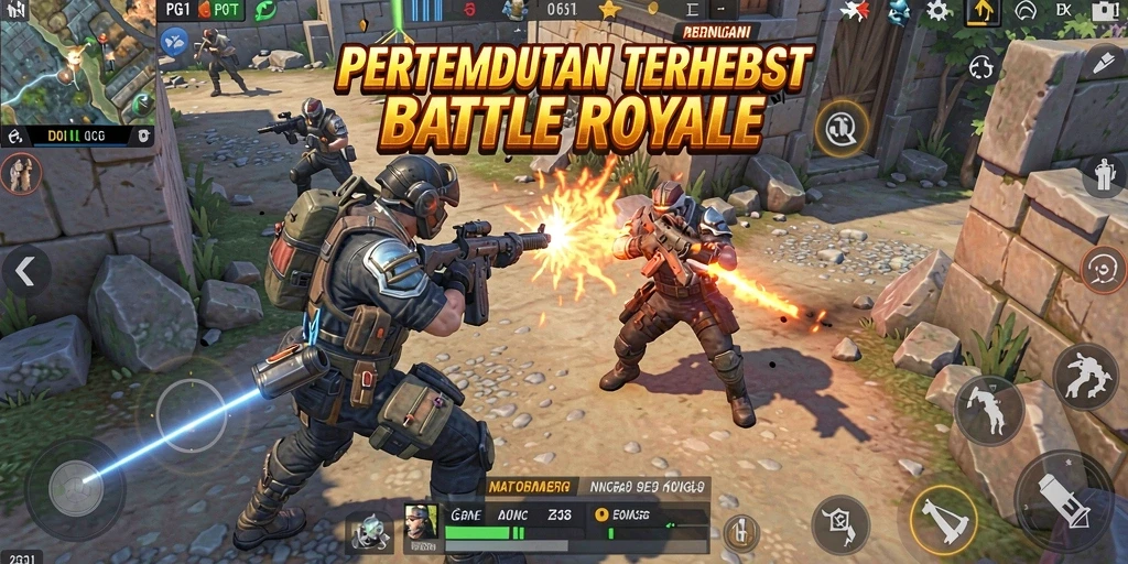 Screenshot gameplay PG11 menampilkan aksi intens di arena Battle Royale.