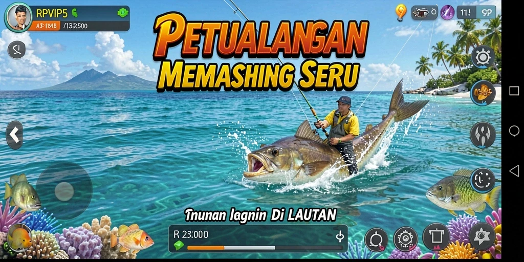 Screenshot gameplay RPVIP5 yang menunjukkan momen memancing yang mendebarkan.