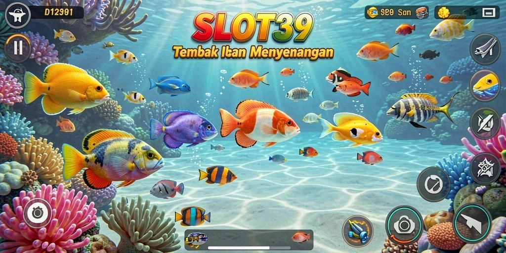 Tampilan gameplay SLOT39 saat menembak ikan yang berwarna-warni.