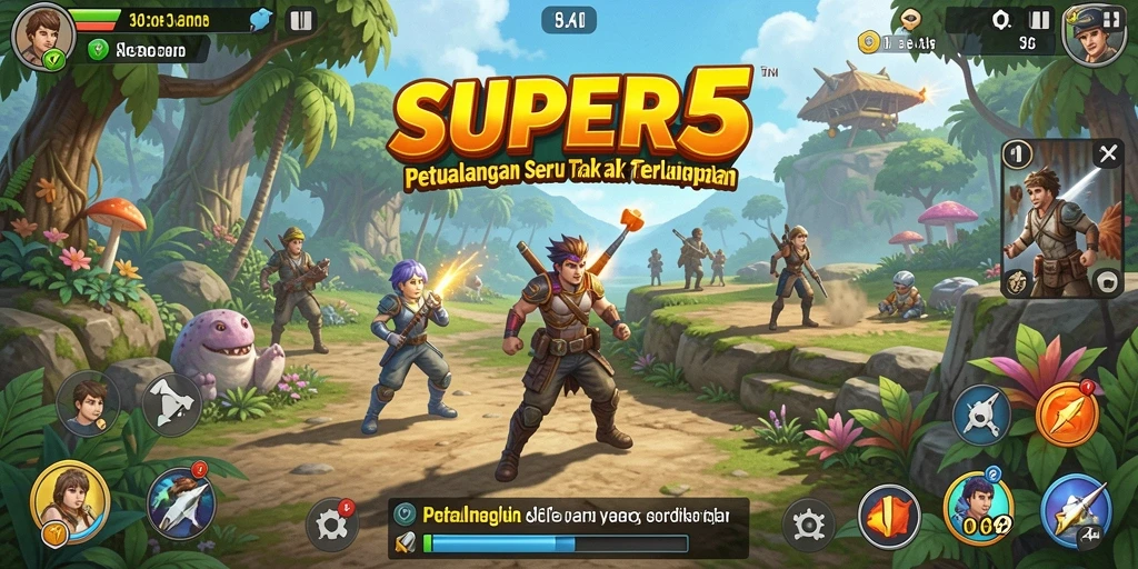 Screenshot gameplay SUPER5 yang menunjukkan aksi petualangan seru.