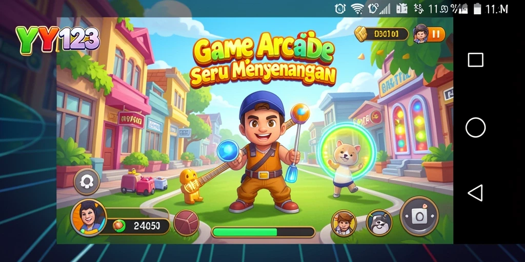 Tangkapan layar utama YY123 menampilkan gameplay Arcade yang dinamis.
