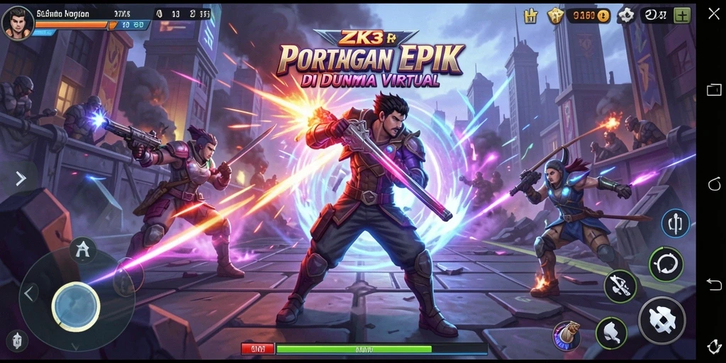 Screenshot utama ZK3 menampilkan aksi pertarungan seru dan karakter yang dinamis.