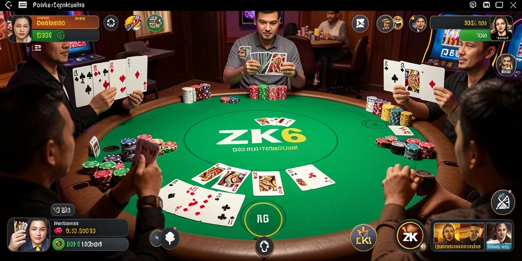 Screenshot ZK6 menampilkan aksi seru permainan Poker dengan pemain aktif.